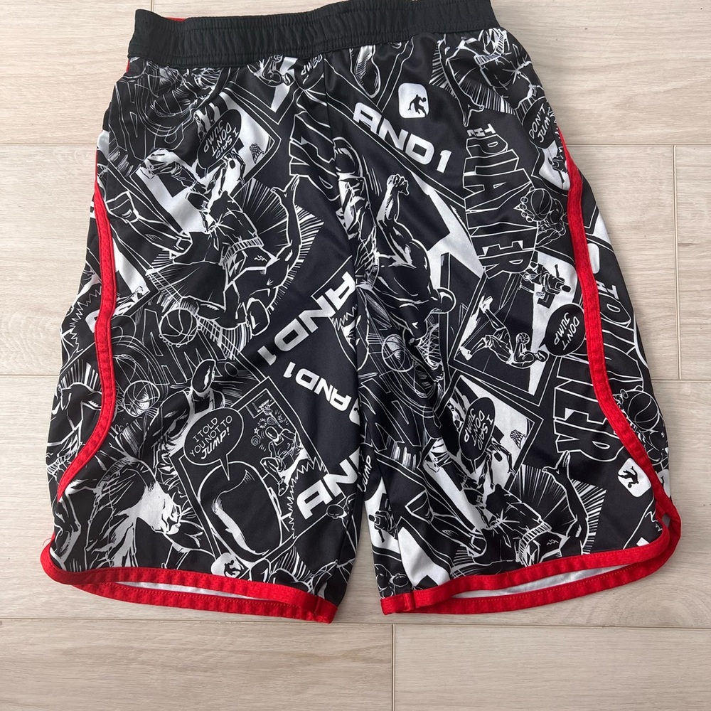 AND1 Black & White Graphic Basketball Shorts with Red Trim
